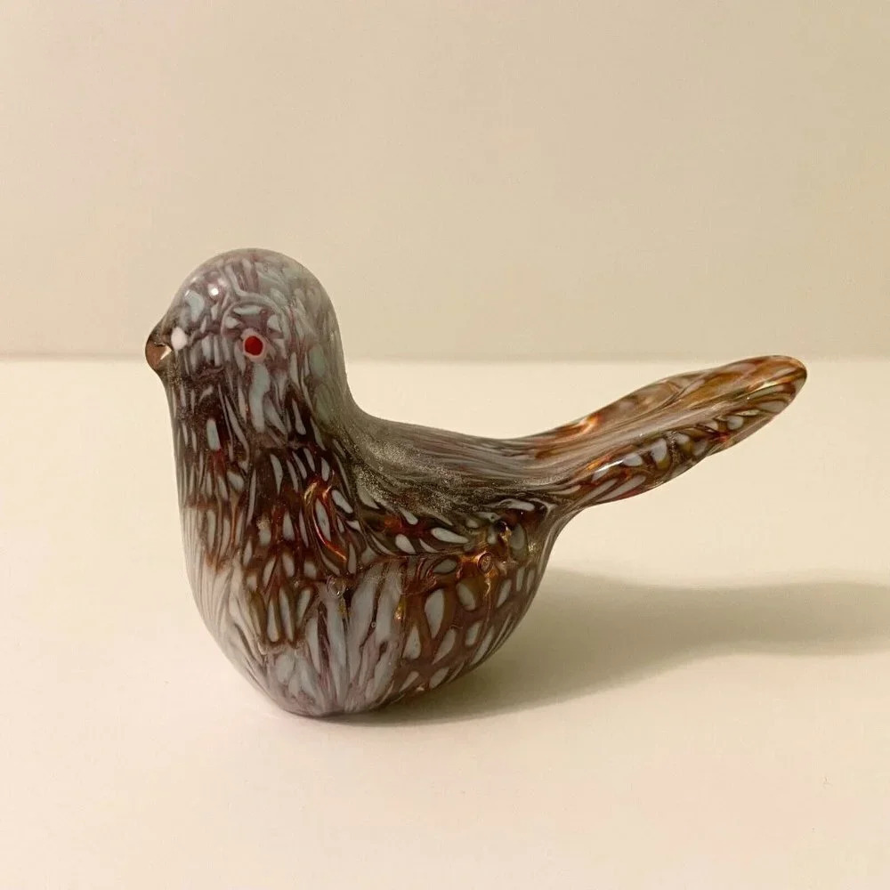 Vintage  Hand Blown Art Glass Confetti Bird Paperweight 3 Inch Long Figurine